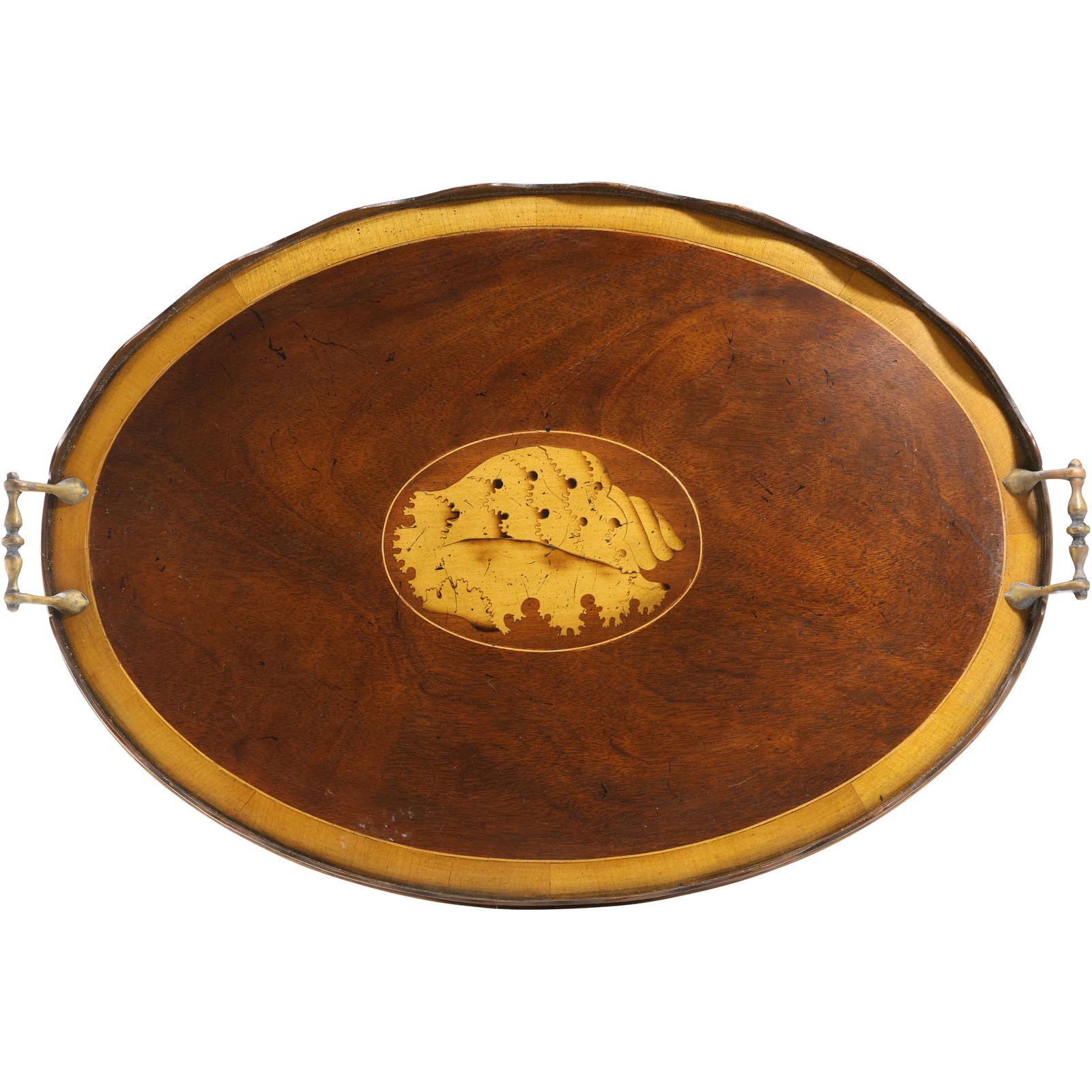 Mahogany Edwardian Oval Serving Tray with Shell Center Design 24 in. x 17 in. (1 of 15)