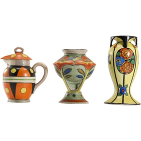 3 Assorted Colorful Art Deco Ceramic Japanese Vases Circa 1920s-30s, 7.5 in. height