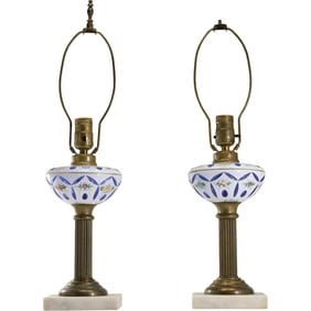 Pair Table Lamps with Bohemian White Cut to Cobalt Blue Glass Fonts, Brass Columns, Marble Bases
