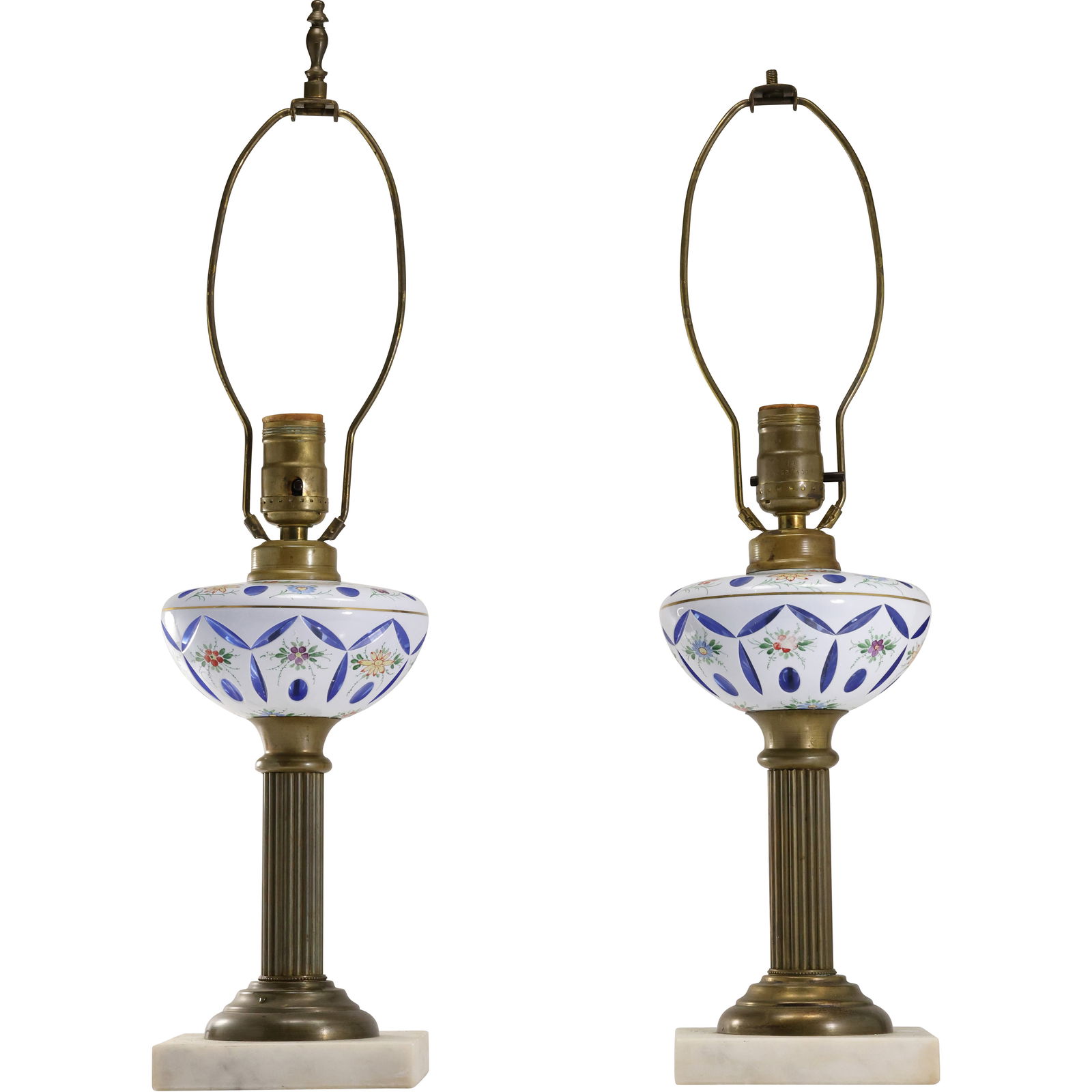 Pair Table Lamps with Bohemian White Cut to Cobalt Blue Glass Fonts, Brass Columns, Marble Bases (1 of 16)