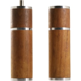 2 Danish Modern Design Wooden Pepper Mills with Metal Ring Accents 9 in. height x 3 in. wide