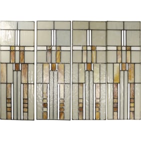 Set of 7 Matching Leaded Stain Glass Panels Style of Frank Lloyd Wright 24 in. x 8.5 in.