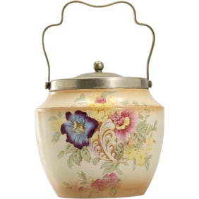 19th C. Crown Devon Ware Biscuit Barrel Jar S F & Co England, Floral Decoration, 6 in. x 5 in.