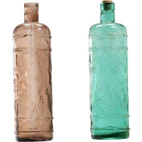 [2] Emerald Green Glass and Brown Glass Tall Bottle Decanters 12 in. height