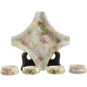 Royal Bayreuth Bavaria Pink Roses 4 Sharp Corners Bowl with 4 Smaller Porcelain Bowls Germany