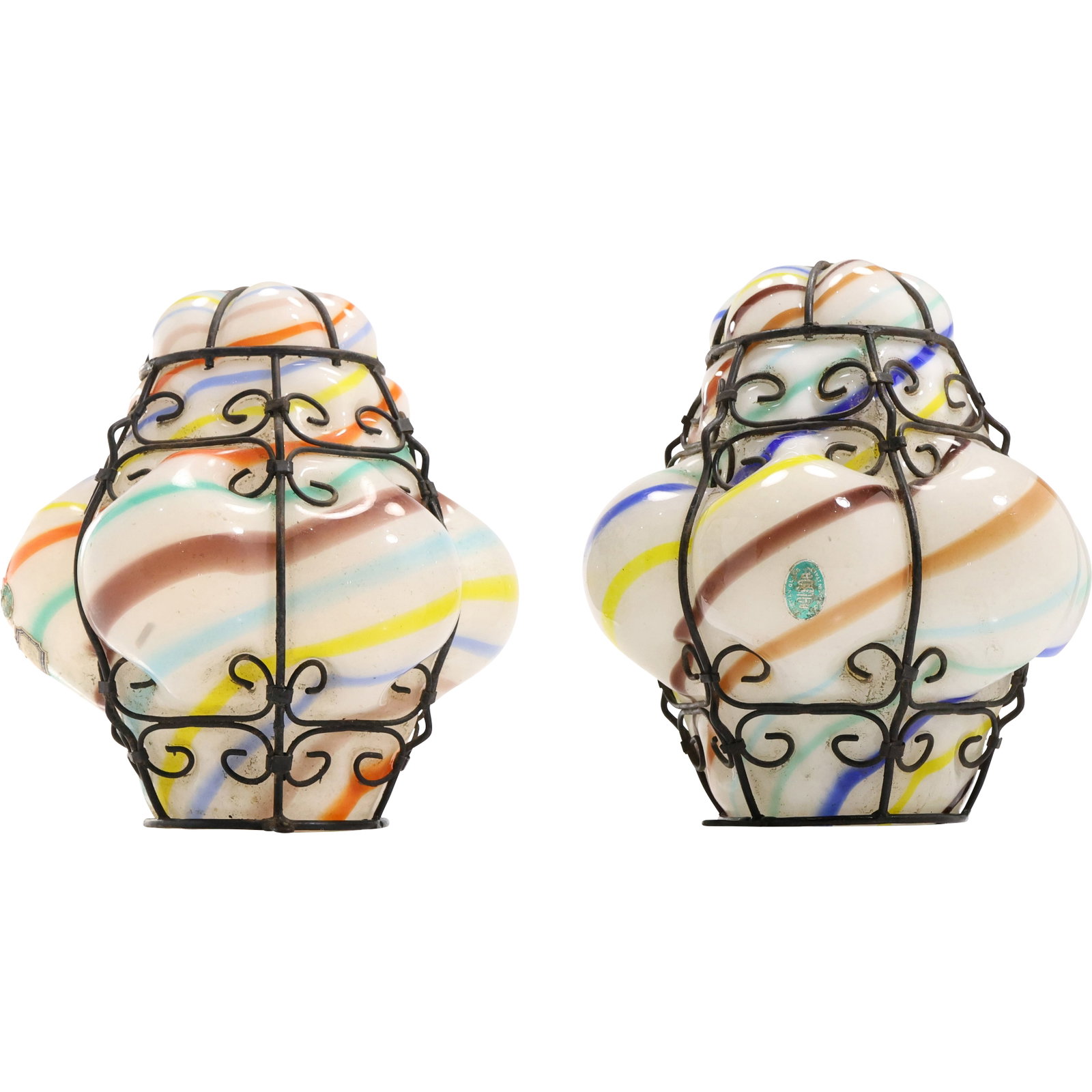 2 Balboa Colorful Italian Art Glass Blown Out in Wire Encasing Hanging Lamp Shades 9 in. x 9 in.: 2 Balboa Colorful Italian Art Glass Blown Out in Wire Encasing Hanging Lamp Shades 9 in. x 9 in. size: 9h x 9w