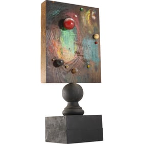 Abstract Assemblage Wood Sculpture on Wood Base 20.5 in. heght x 10 in. wide