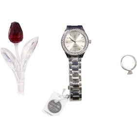 3 Fashion with Swarovski Crystals: Wristwatch, Ring and Crystal Glass Tulip - See Pictures