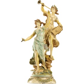 Antique Signed L&F Moreau Cast Metal Spelter Double Figural Statue 23 inches height