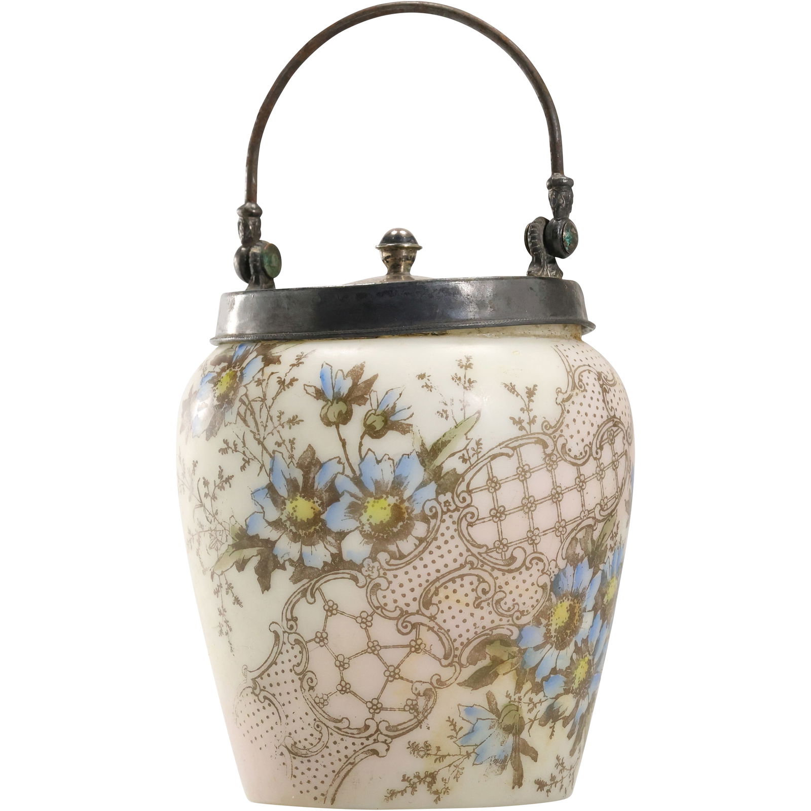 19th C. Wave Crest Biscuit Jar with Blue Flowers Decoration, Silver Plate Cover 7 in. x 5 in. (1 of 18)