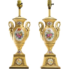 Pair 19th C. French Empire Neoclassical Fine Porcelain Urns on Bases Table Lamps, Floral Panels