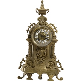 Antique French Bronze Ornate Mantle Clock with Porcelain Numerals Dial 18 in. height x 10 in.