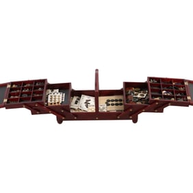 Fold-out Sides Wooden Sewing Cabinet Loaded with Assorted Buttons - See Pictures