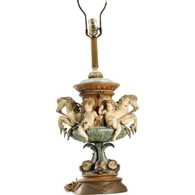 Cast Metal Spelter Figural Edwardian Covered Seafaring Painted Metal Urn Table Lamp