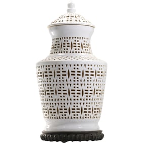 Vintage White Blanc De Chine Reticulated Porcelain Urn Table Lamp 21 in. height x 10.5 in. wide