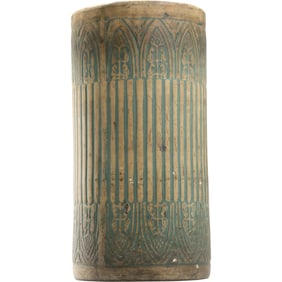 Arts & Crafts Cylindrical Pottery Umbrella Stand pattern in shades of beige and green 18 in. x 9.5