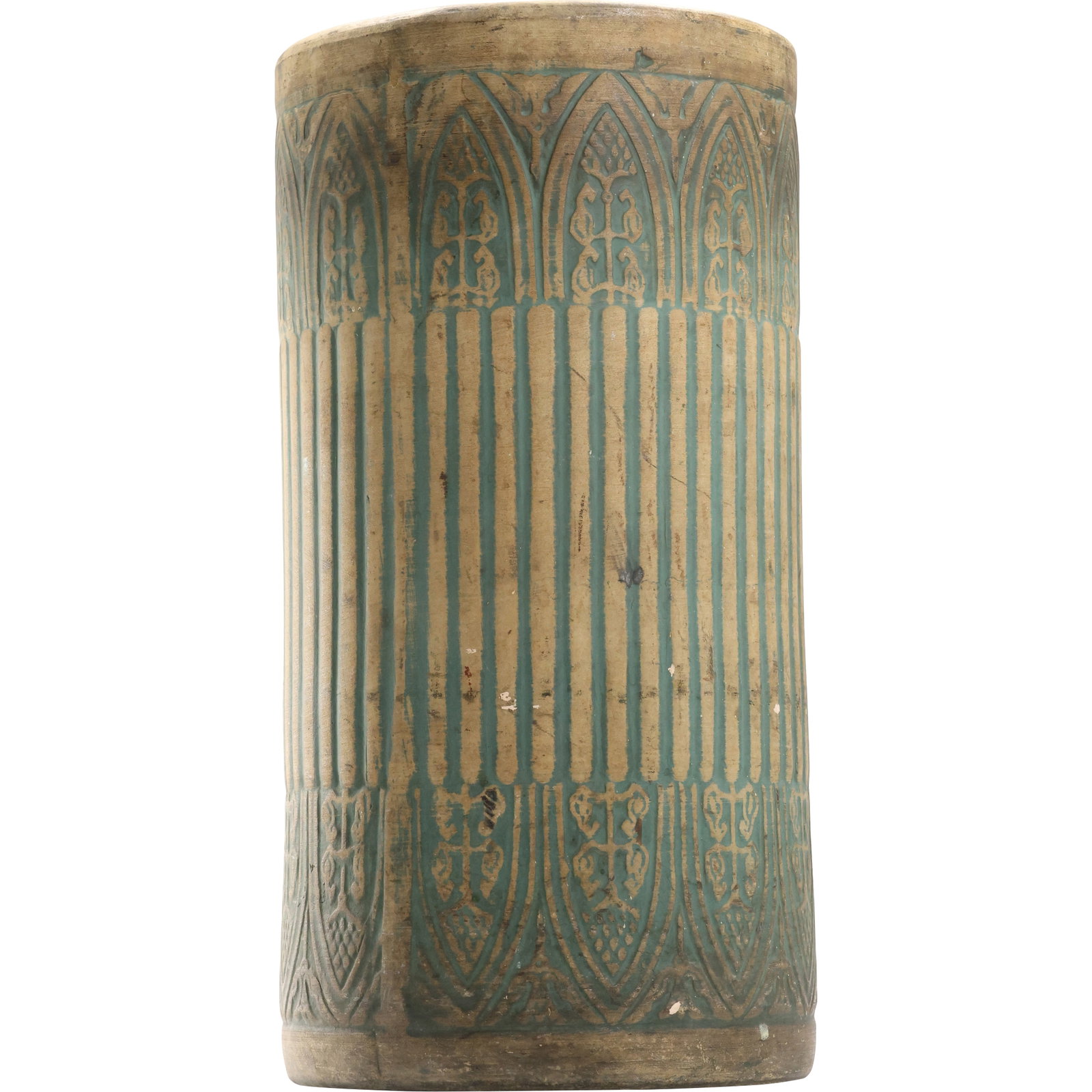 Arts & Crafts Cylindrical Pottery Umbrella Stand pattern in shades of beige and green 18 in. x 9.5: Arts & Crafts Cylindrical Pottery Umbrella Stand pattern in shades of beige and green 18 in. x 9.5 size: 18 h 9.5 w