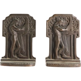 Circa 1920s Art Deco Cast Iron Bookends with Man and Robed Woman with Lyre