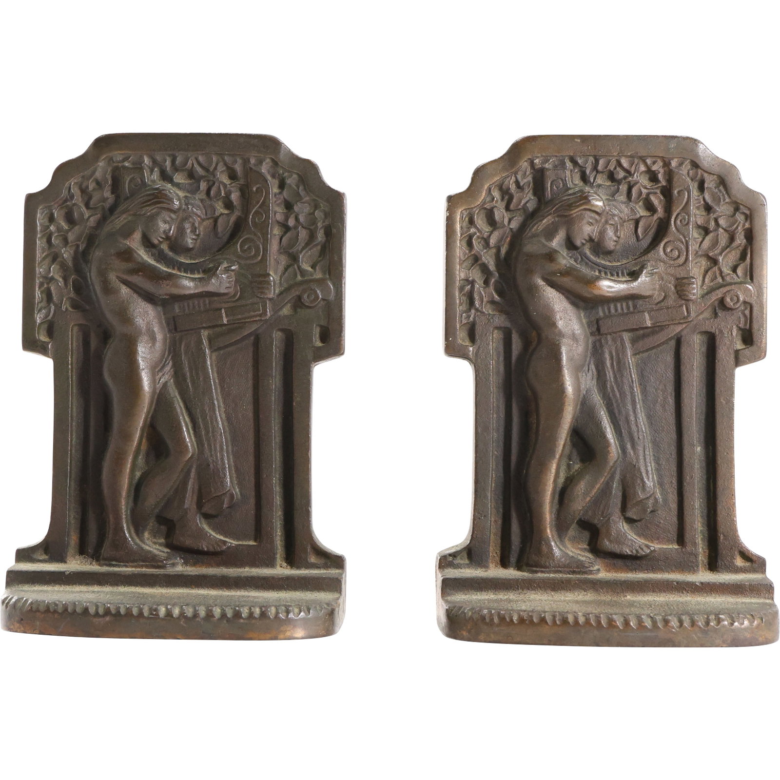 Circa 1920s Art Deco Cast Iron Bookends with Man and Robed Woman with Lyre: Circa 1920s Art Deco Cast Iron Bookends with Man and Robed Woman with Lyre size: 6 h 4 w