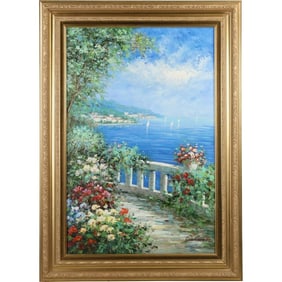 Signed Calman, Mediterranean seascape with a garden in the foreground Oil on Canvas Painting