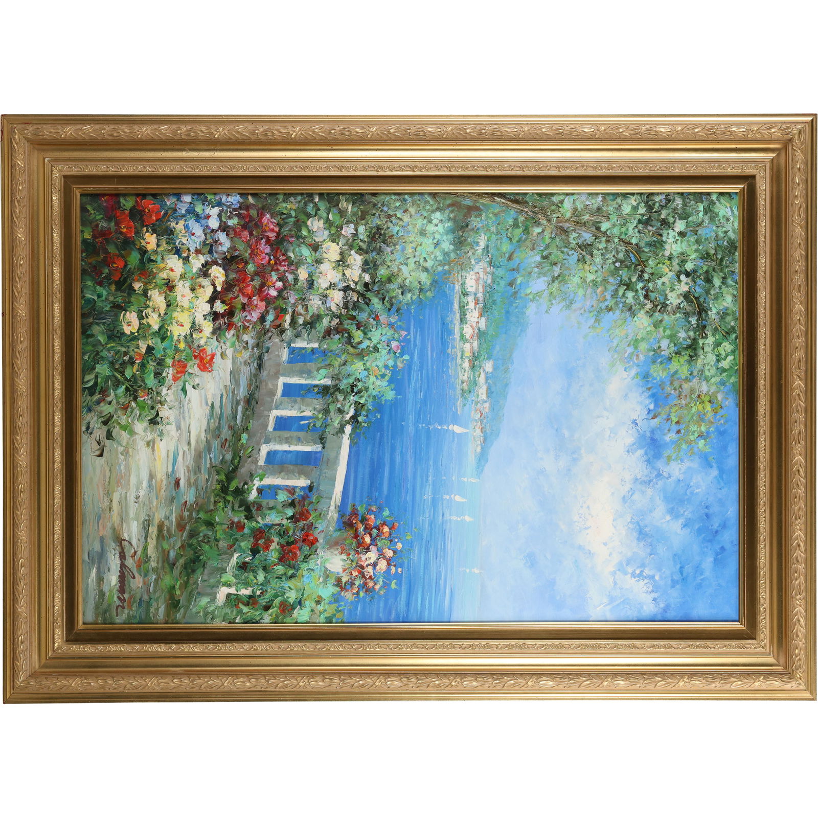 Signed Calman, Mediterranean seascape with a garden in the foreground Oil on Canvas Painting (1 of 19)