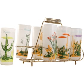 Set of 8 Blakely Oil Gas Arizona Cactus Frosted Highball Glasses Advertising Retro Barware Libbey
