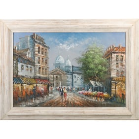 Vintage Oil on Canvas Painting Paris Street Scene, Framed