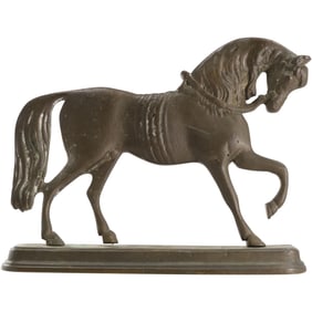 Antique Bronze Door Stop of a Prancing Horse, Good Patina 9.5 in. length