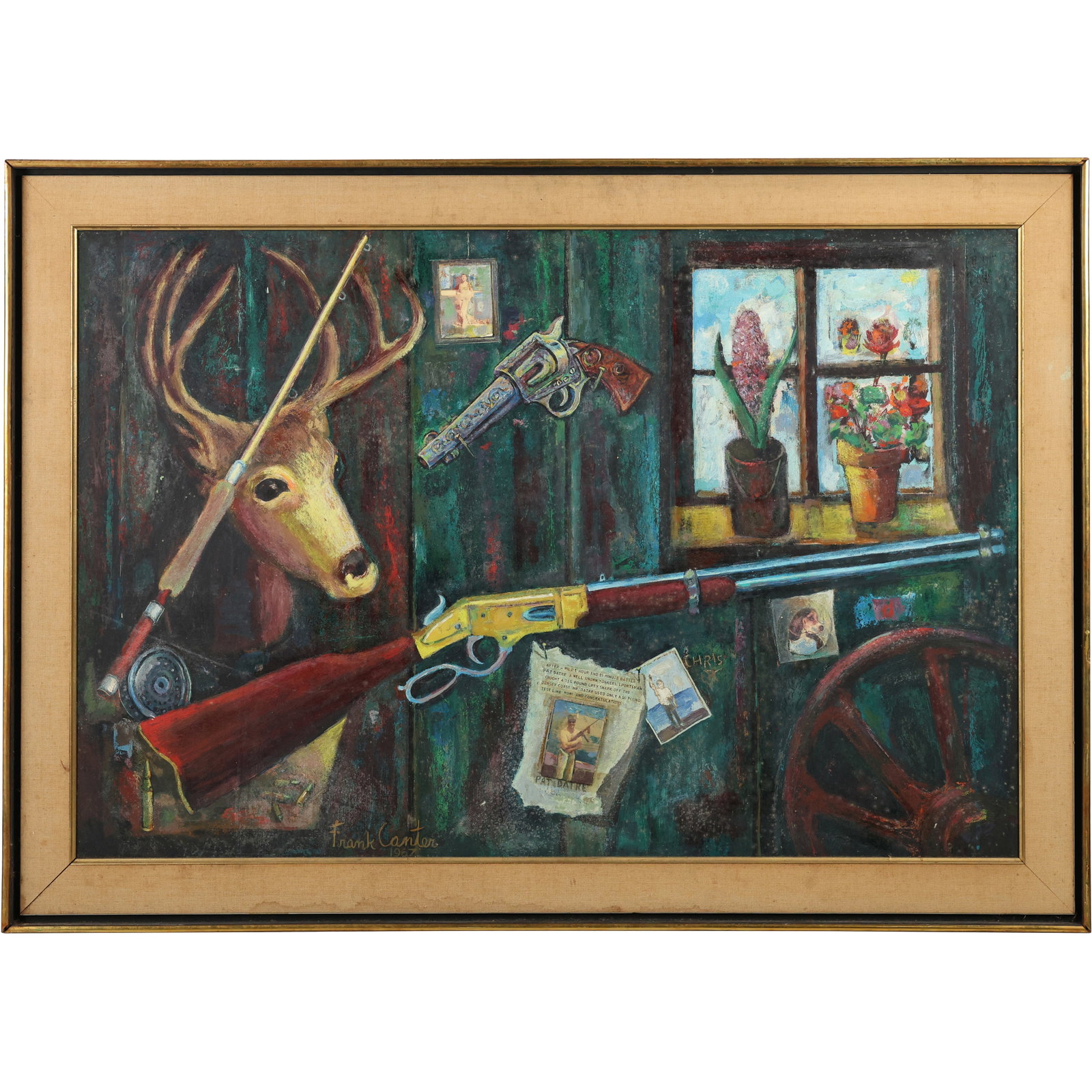 Frank Canter 1967, Oil on Canvas Painting, Hunter's Still Life with Deer Hear, Rifle, Pistol: Frank Canter 1967, Oil on Canvas Painting, Hunter's Still Life with Deer Hear, Rifle, Pistol. size: 24 x 36 , outside of frame: 29 x 41