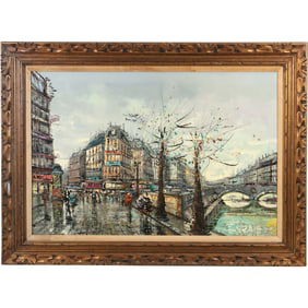 Vintage Oil on Canvas Painting Paris Street Scene, Framed
