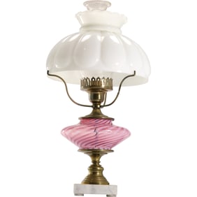 Fenton Pink Cranberry Swirl Glass Table Lamp with White Glass Shade 19 in. height x 10 in. wide