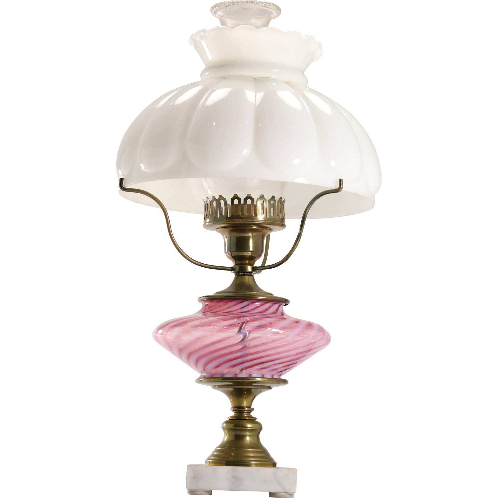 Fenton Pink Cranberry Swirl Glass Table Lamp with White Glass Shade 19 in. height x 10 in. wide (1 of 16)