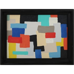 Colored Shaped Abstract Composition Oil on Board Painting, Unsigned, Framed