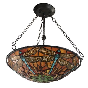 Decorative Tiffany Style Drangonfly Leaded and Stain Glass Reverse Hanging Dome Fixture