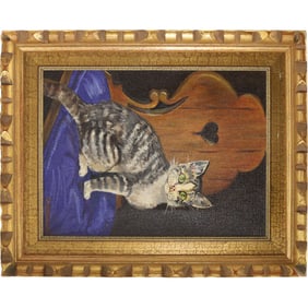 V Zebrowski, Vinage Oil on Canvas Painting CAT on a Chair, Framed