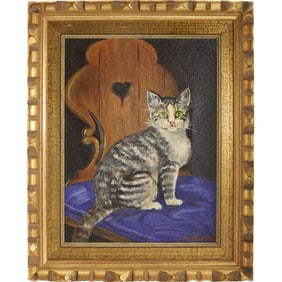 V Zebrowski, Vinage Oil on Canvas Painting CAT on a Chair, Framed
