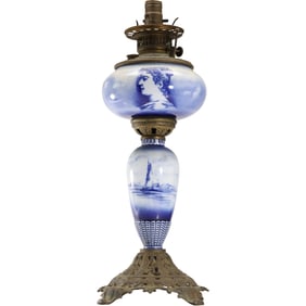19th C. Victorian Blue and White Delft Porcelain Banquet Lamp Base 22 inches height