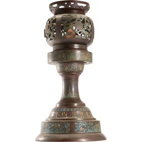 Unique Japanese Bronze Champleve Tall Table Lamp - Stylish - 19 in. height