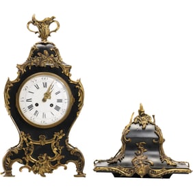19th C. French Louis XV style Ebonised and Gilt Metal Bracket Clock with Matching Shelf