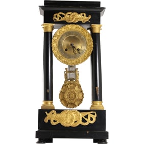 19th C. Napoleon III Portico Mantle Clock Black Ebonized Wood Vase with Bronze Ormoulu, Pendulum