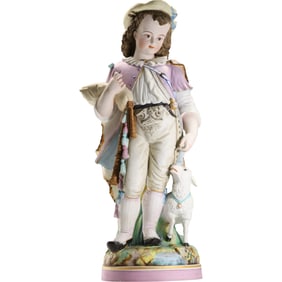 19th C. Tall German Bisque Porcelain Statue of a Young Boy with Sheep 26 inches height x 12 in.