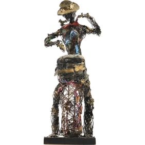 Tall Brutalist Wire Sculpture of a Cuban Conga Player 30.5 inches height x 12.5 in. wide