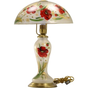 Vintage Hand Painted Red Rose Glass Shade and Base Table Lamp 21 in. height x 14 in. dia.