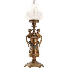ANTIQUE AESTHETIC MOVEMENT EGYPTIAN SPHINX Spelter Metal Banquet Lamp Glass Shade