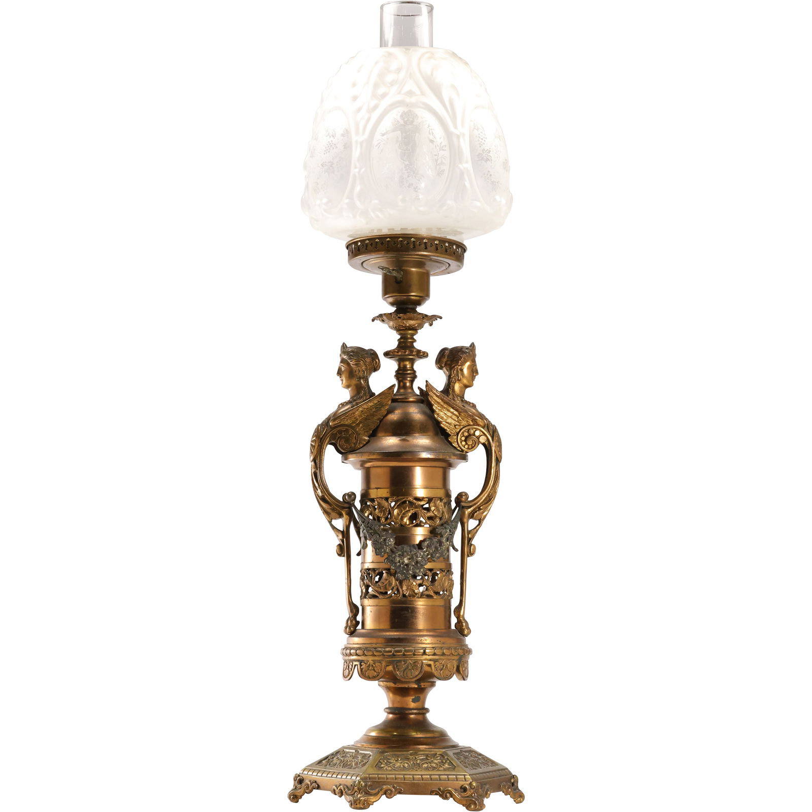 ANTIQUE AESTHETIC MOVEMENT EGYPTIAN SPHINX Spelter Metal Banquet Lamp Glass Shade (1 of 20)