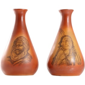 Pair of Circa 1900 Fostoria Milk Glass Vases with Native American Portraits, 7.5 in. height