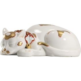 Kutani Maneki Neko, a Japanese Lucky Cat Figurine, Porcelain, Sleeping Cat 14 in. length