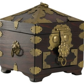 Antique Korean Prayer Box Hinged Pyramid Style Wood Brass Hardware Keepsake Treasure Mini Chest