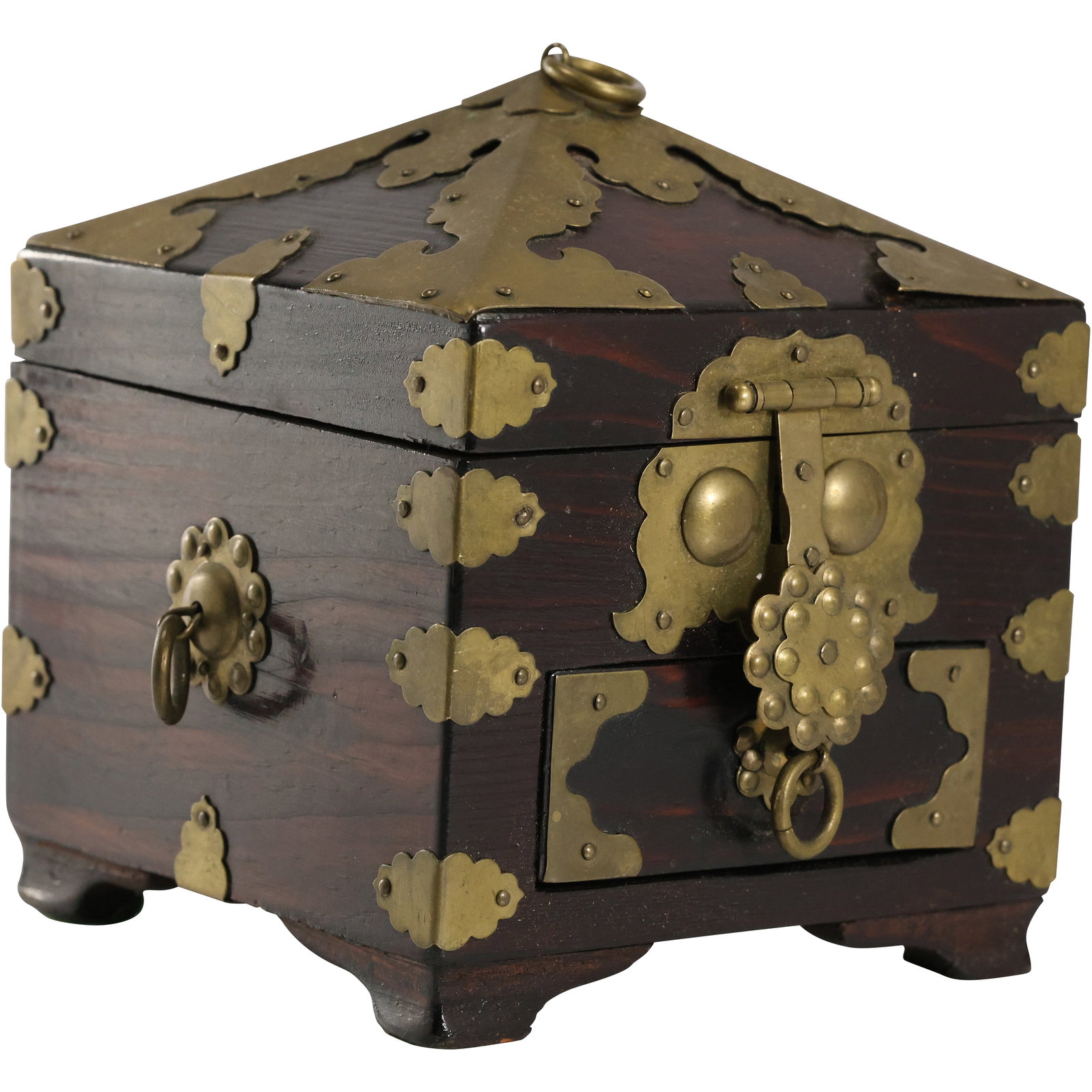 Antique Korean Prayer Box Hinged Pyramid Style Wood Brass Hardware Keepsake Treasure Mini Chest (1 of 15)