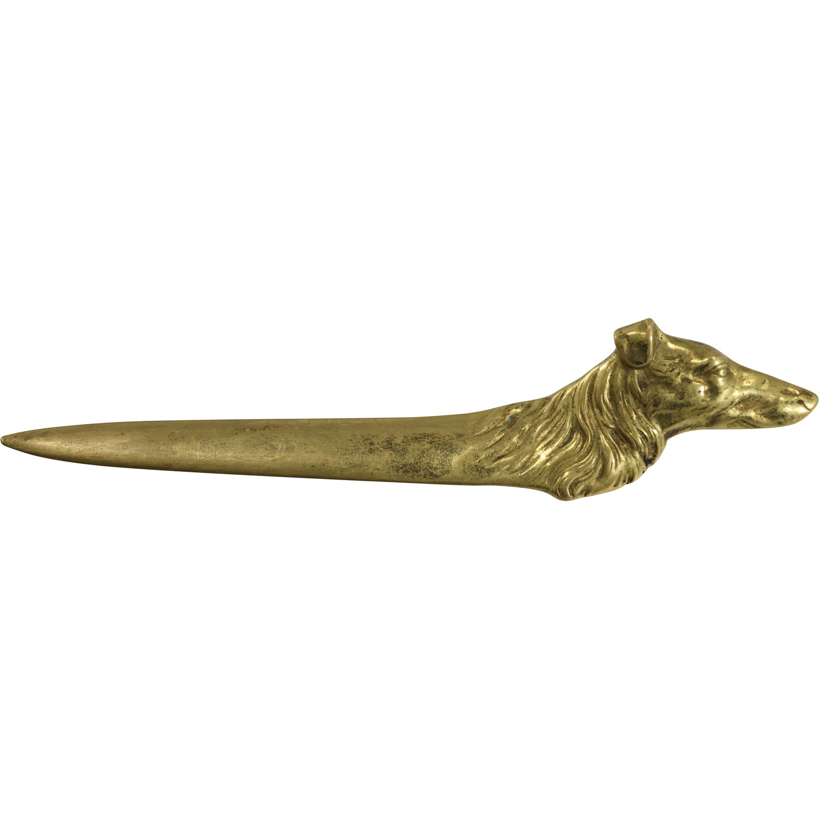 Brass Letter Opener by Virginia Metalcrafters, detailed dog head, a collie or wolfhound 10 in.: Brass Letter Opener by Virginia Metalcrafters, detailed dog head, a collie or wolfhound 10 in. size: 10h x 3w
